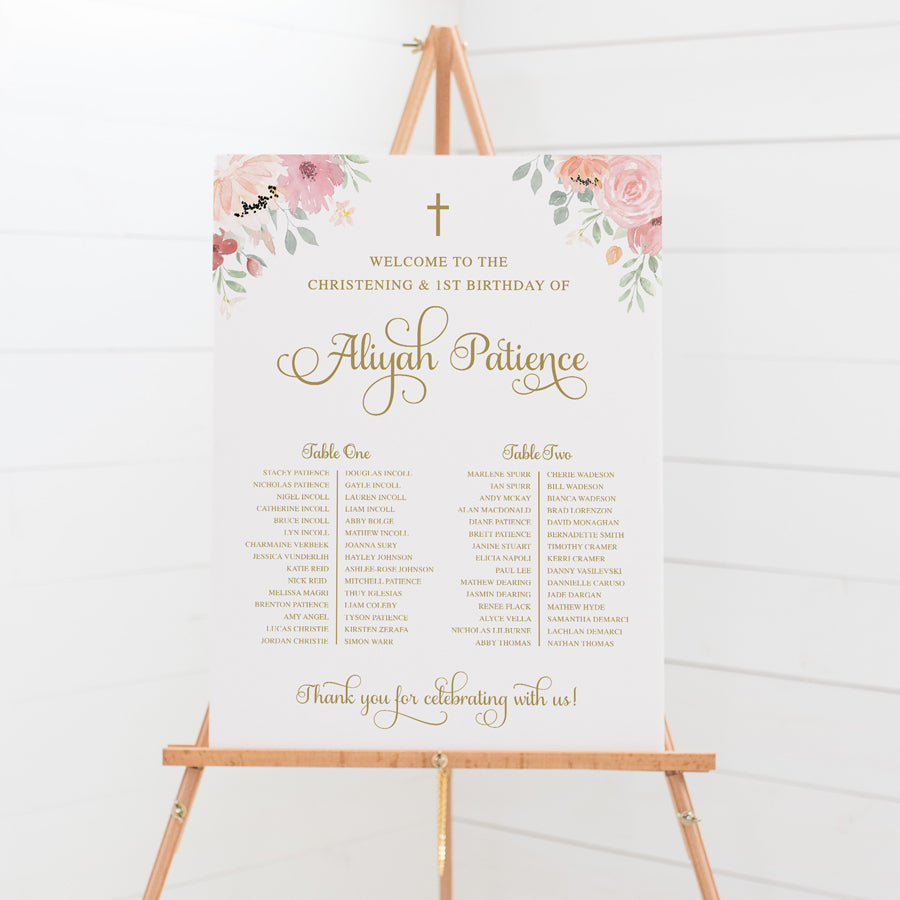 Baptism or Christening Seating Plan with gold cross and pink florals for little girl. Printed on smooth board.
