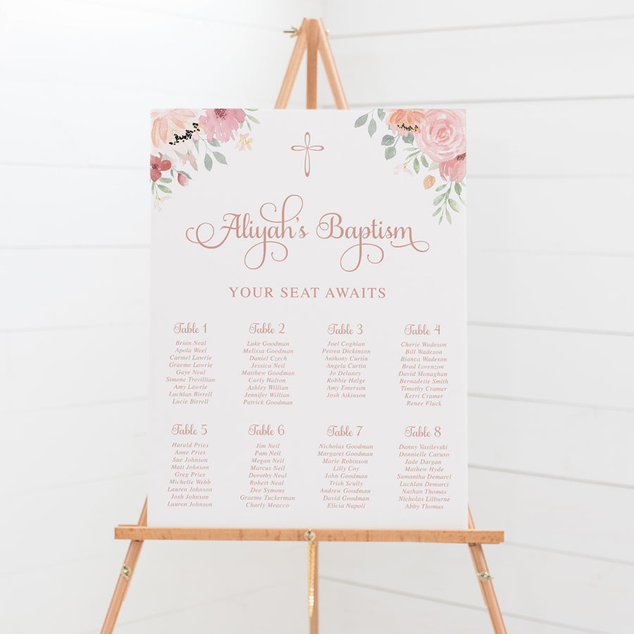 Girl Baptism or Christening Seating Chart sign board with pink florals. Printed in Australia.
