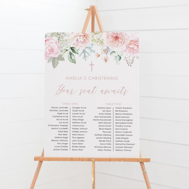 Girl Baptism or Christening seating sign with pink flowers and greenery. Printed on smooth foam board in Australia.