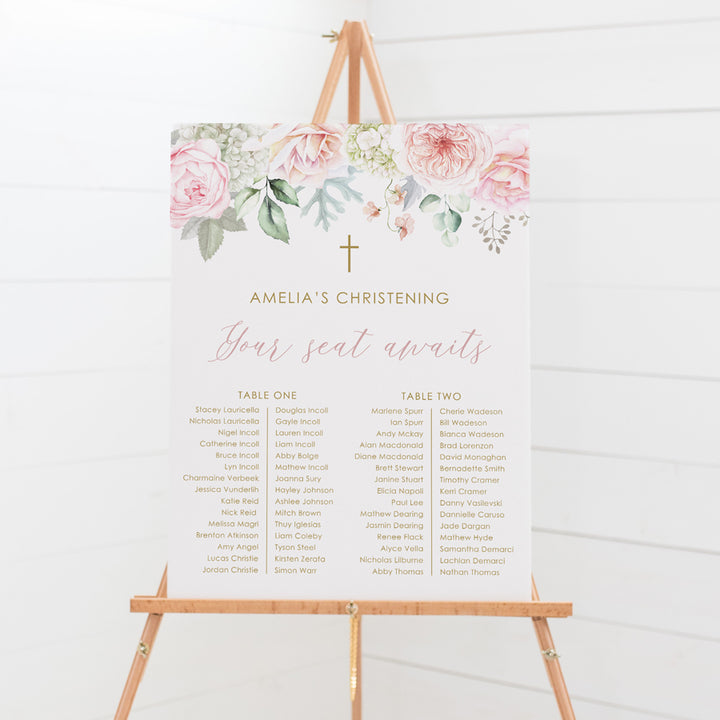 Girl Baptism or Christening seating sign with pink flowers and gold text. Printed on smooth foam board in Australia.