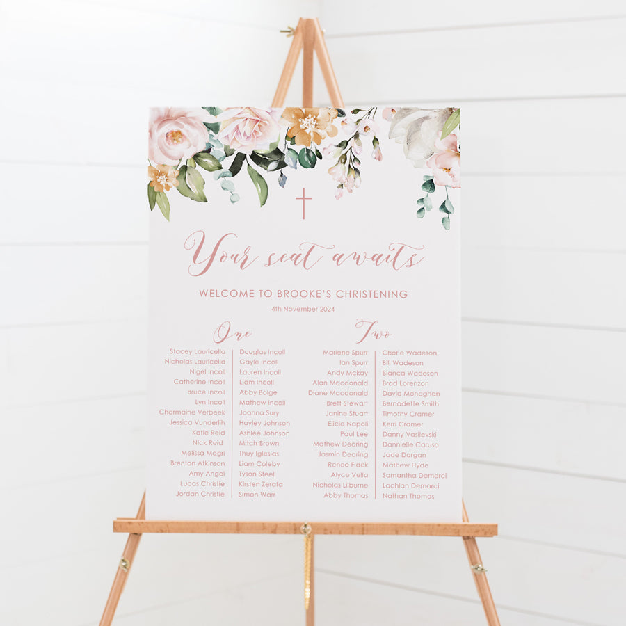 Girl Baptism or Christening seating plan with pink flowers and greenery printed on foamboard. Peach Perfect Australia.