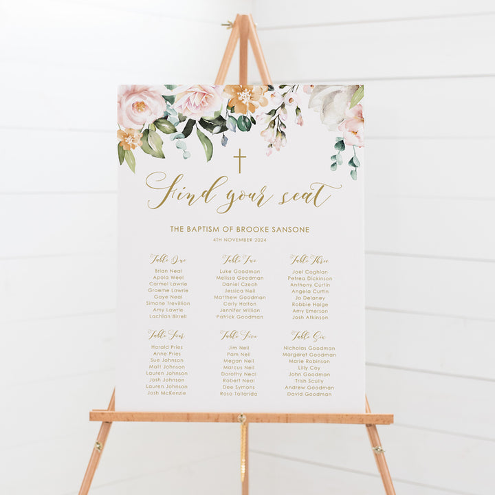 Girl Baptism or Christening seating plan with pink flowers and greenery printed on foamboard. Gold text.