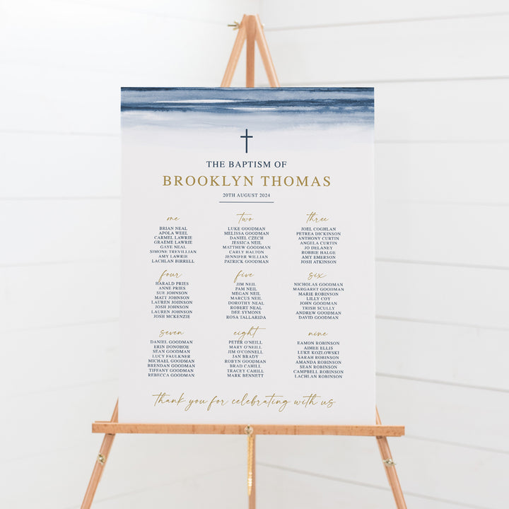 Christening or Baptism seating chart for boys with navy blue watercolour background, ocean theme. Foamboard sign Australia or print your own digital seating plan.