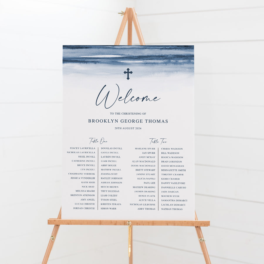 Christening or Baptism seating chart for boys with navy blue watercolour background, ocean theme. Foamboard sign Australia or print your own digital seating plan.