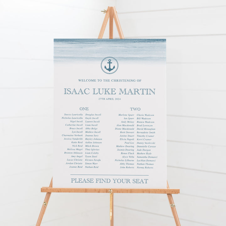 Christening or Baptism seating chart for little boy with blue watercolour background and anchor in nautical style. Foamboard sign Australia.