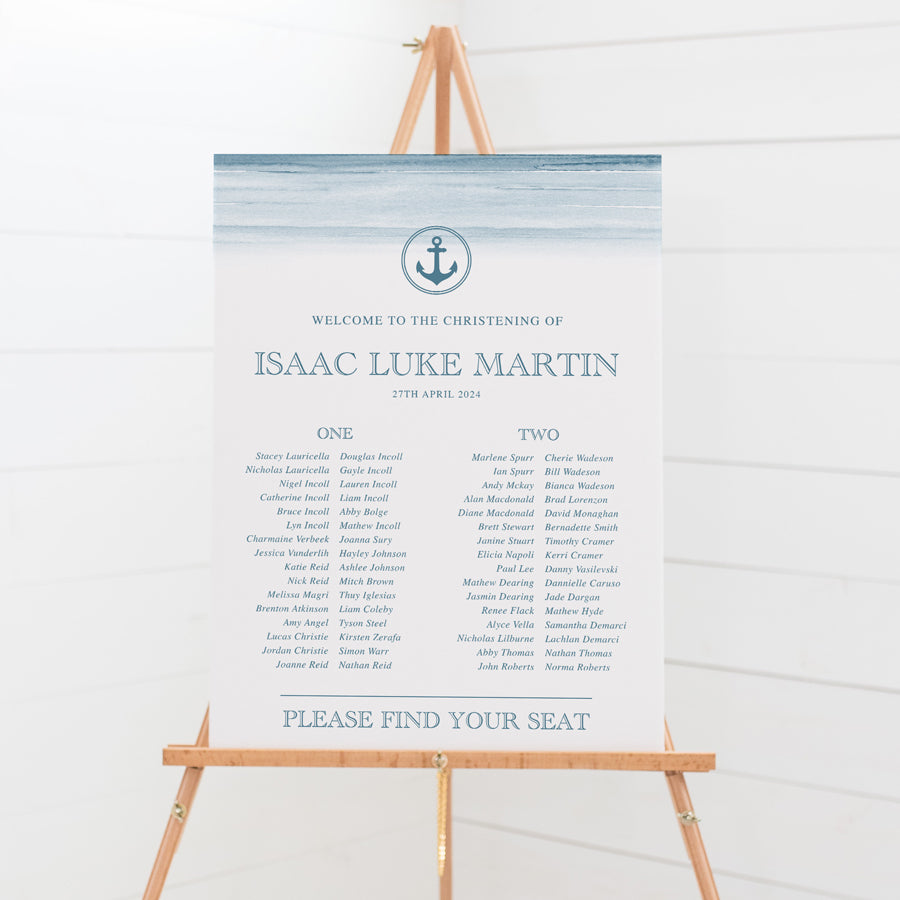 Christening or Baptism seating chart for little boy with blue watercolour background and anchor in nautical style. Foamboard sign Australia.