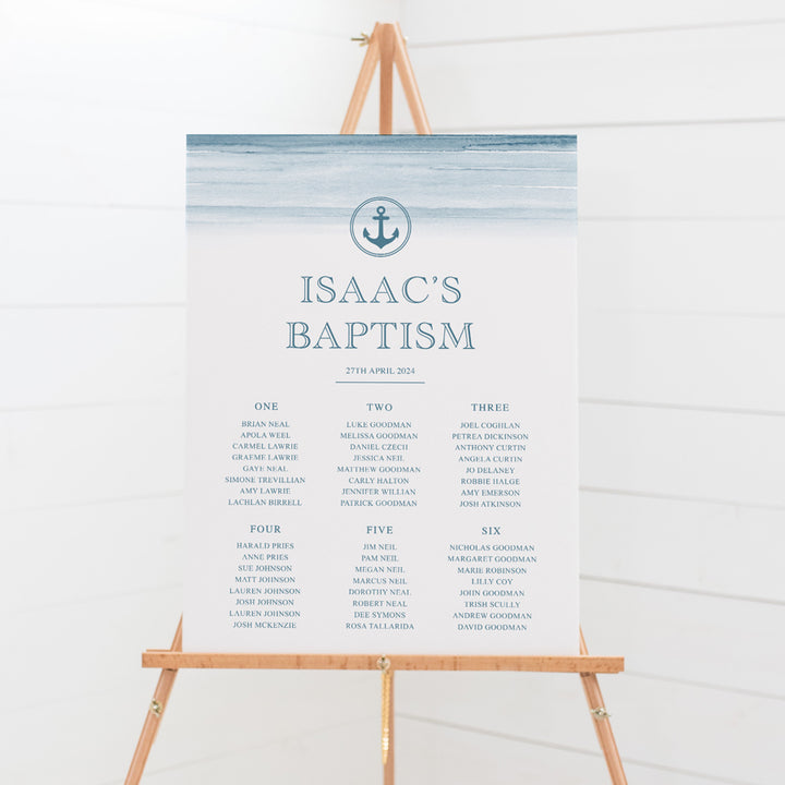 Christening or Baptism seating chart for little boy with blue watercolour background and anchor in nautical style. Foamboard sign Australia.