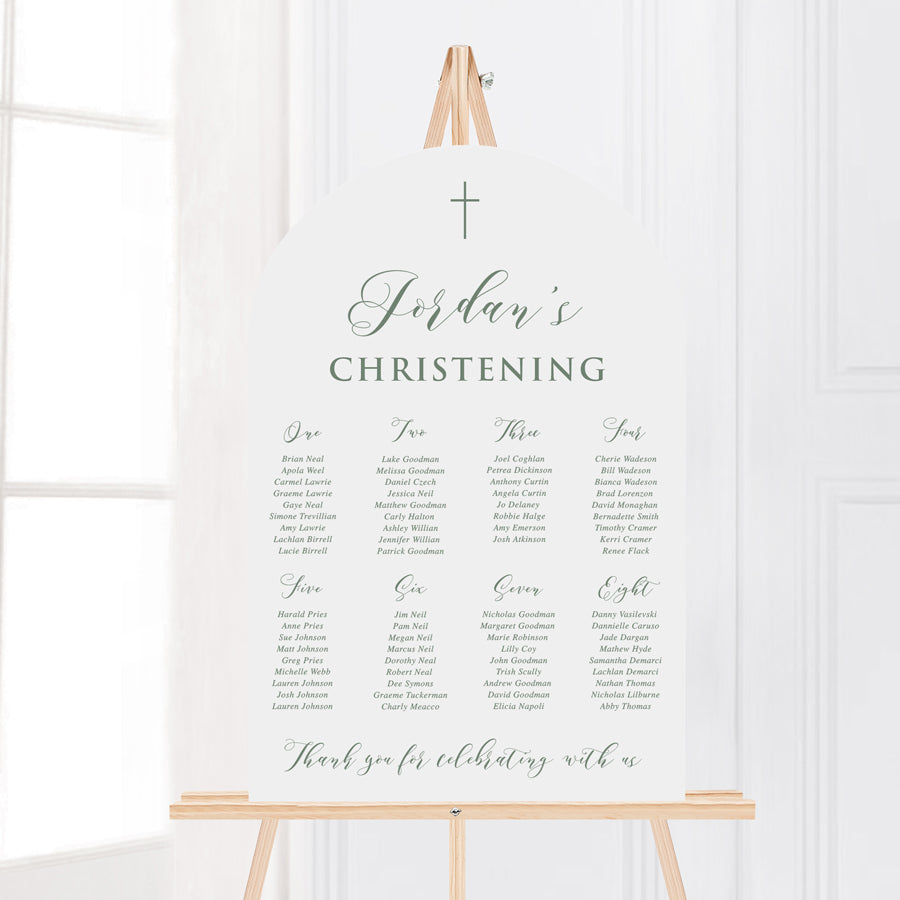 Modern arch Baptism seating chart for boys in green and white with catholic cross. Printed in Australia.