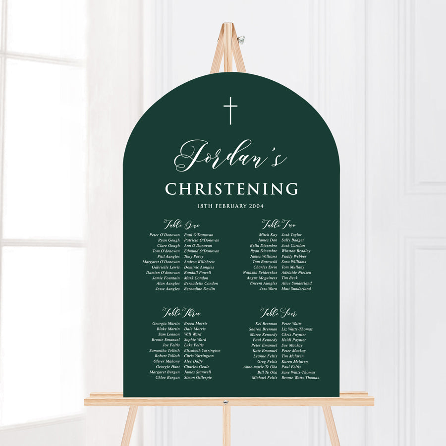 Modern arch Baptism seating chart for boys in green and white with catholic cross. Printed in Australia.