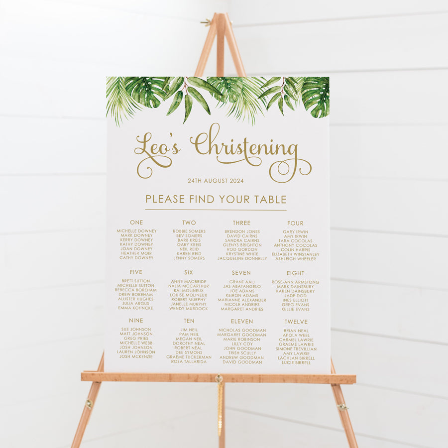 Safari theme Baptism or Christening seating chart with gold font. Printed in Australia on premium foamboard.