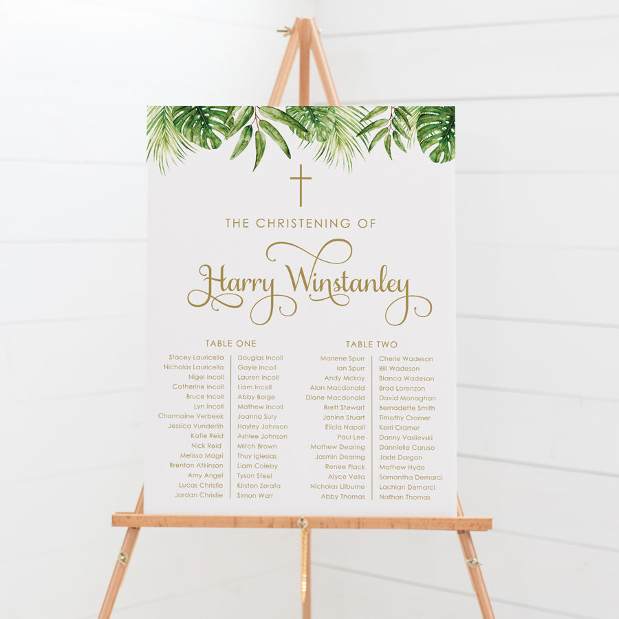 Safari theme Baptism or Christening seating chart with gold font. Printed in Australia on premium foamboard.