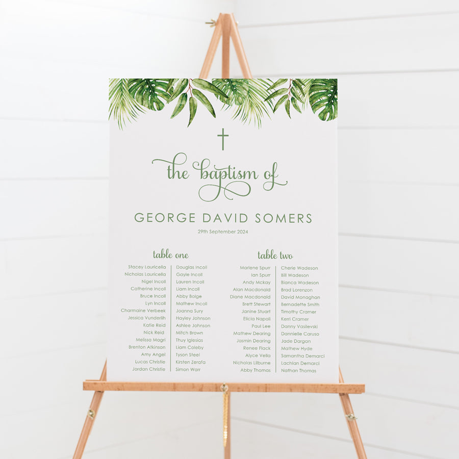 Safari theme Baptism or Christening seating chart with calligraphy font. Printed in Australia on premium foamboard.