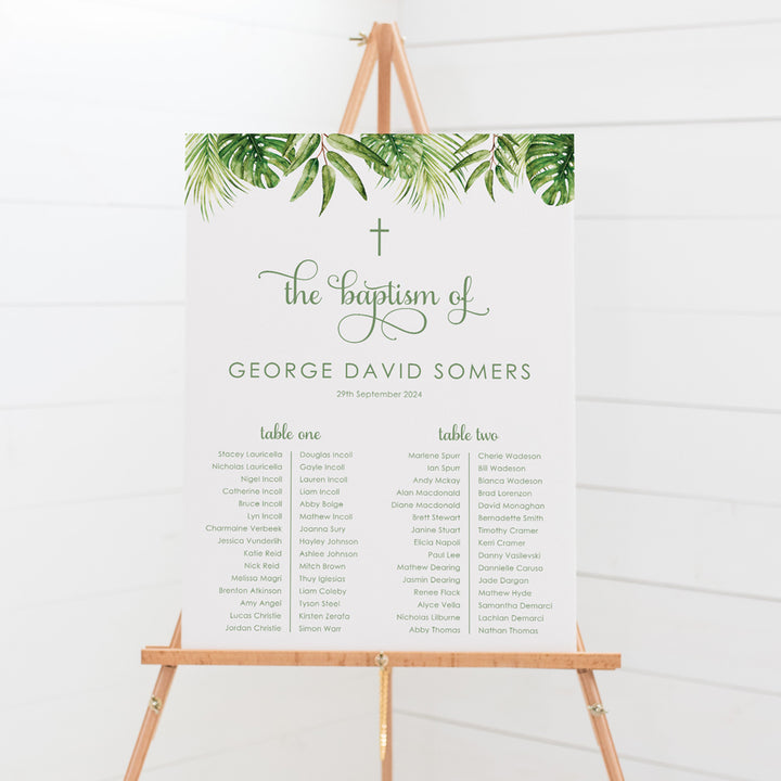 Safari theme Baptism or Christening seating chart with calligraphy font. Printed in Australia on premium foamboard.