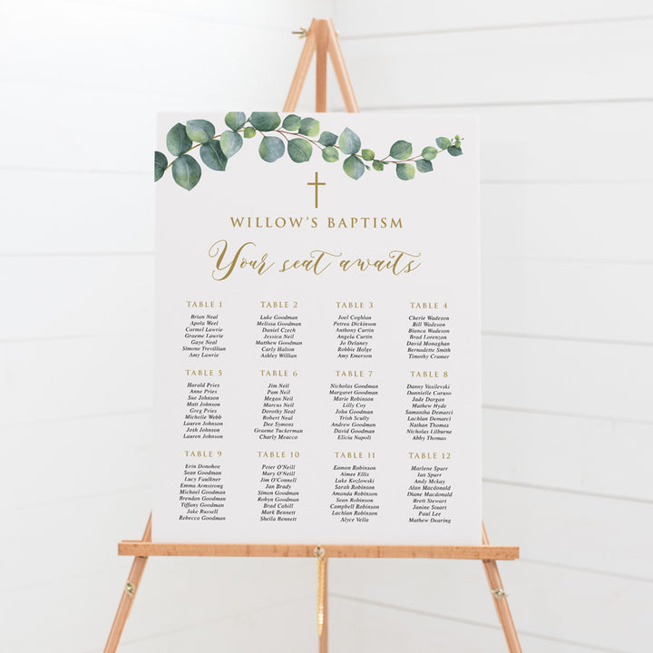 Christening seating plan printed on foamboard with eucalyptus branch and leaves and gold text. Peach Perfect Australia.