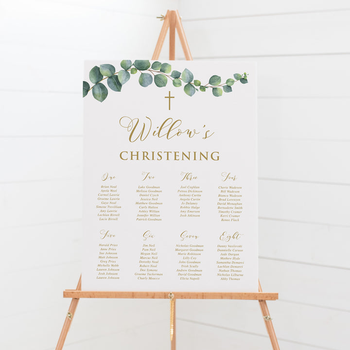 Christening seating plan printed on foamboard with eucalyptus branch and leaves and gold text. Peach Perfect Australia.