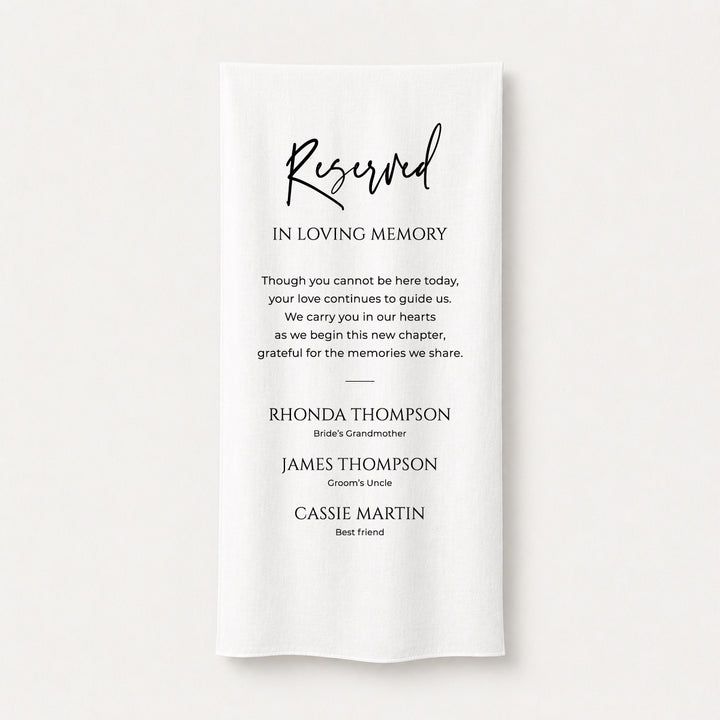 Wedding fabric memorial sign printed on white fabric material with Reserved In Loving Memory as the heading. Design and printed i Australia.