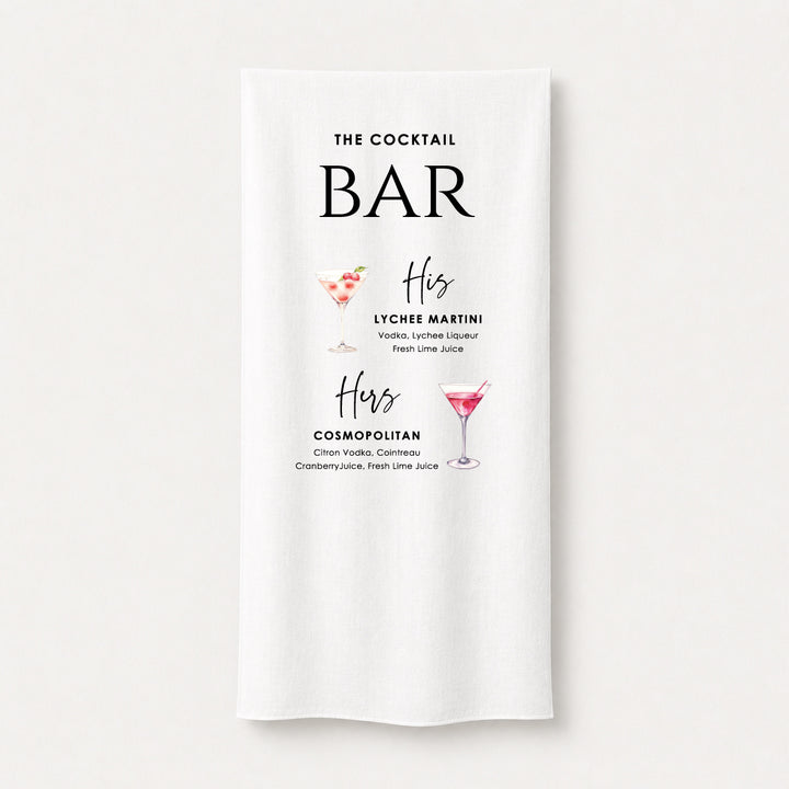 Fabric wedding cocktail or bar sign printed in Australia on premium white linen or satin material. Cosmopolitan and Martini watercolours.