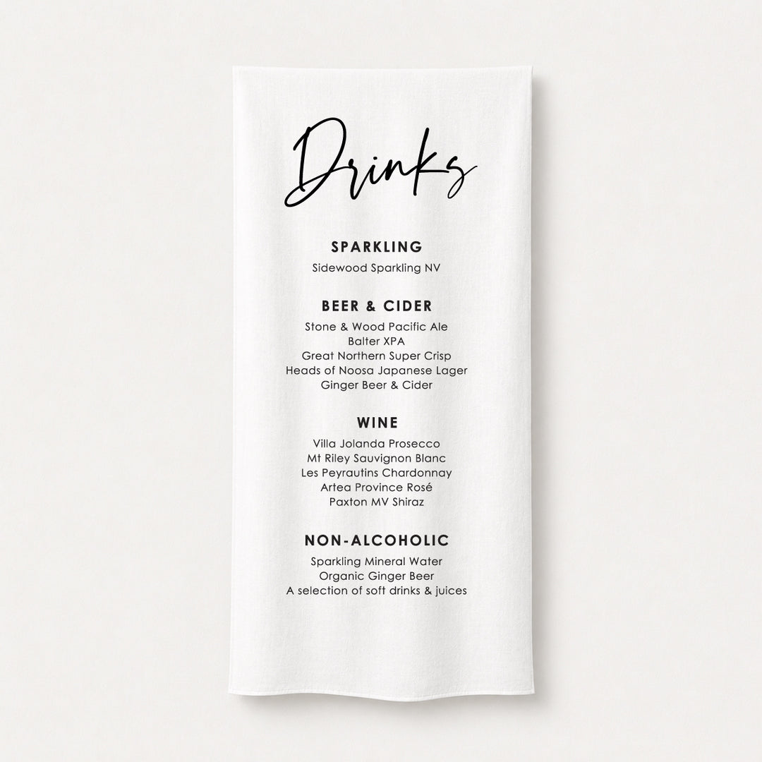 Fabric wedding bar sign printed in Australia on premium white linen or satin material.