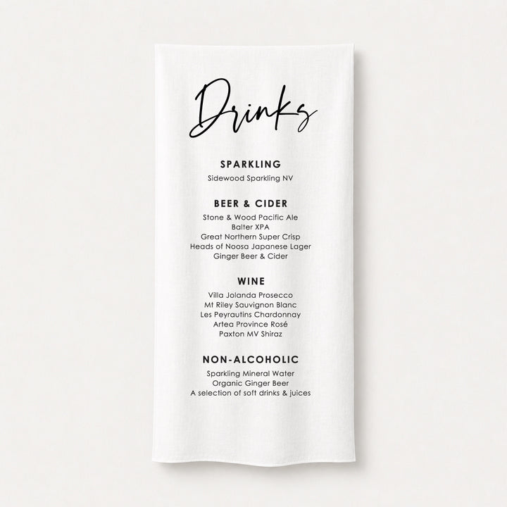 Fabric wedding bar sign printed in Australia on premium white linen or satin material.