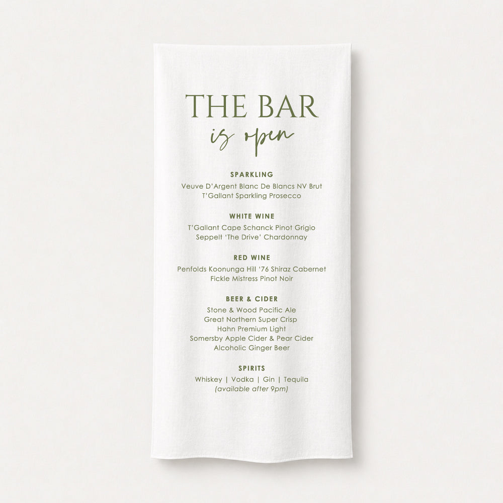 Fabric wedding bar sign printed in Australia on premium white linen or satin material. The Bar is Open heading in green.