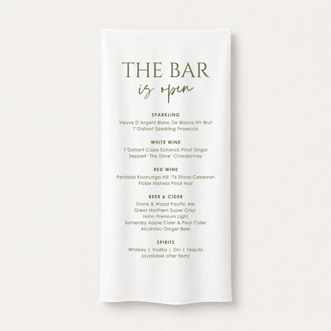Fabric wedding bar sign printed in Australia on premium white linen or satin material. The Bar is Open heading in green.