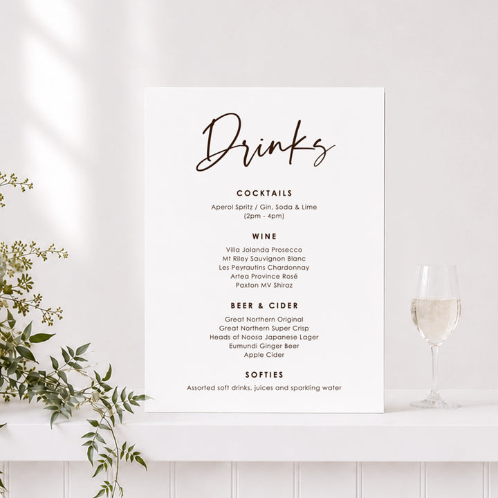 Wedding bar or drinks sign in modern fonts designed and printed in Australia on foamboard of acrylic.
