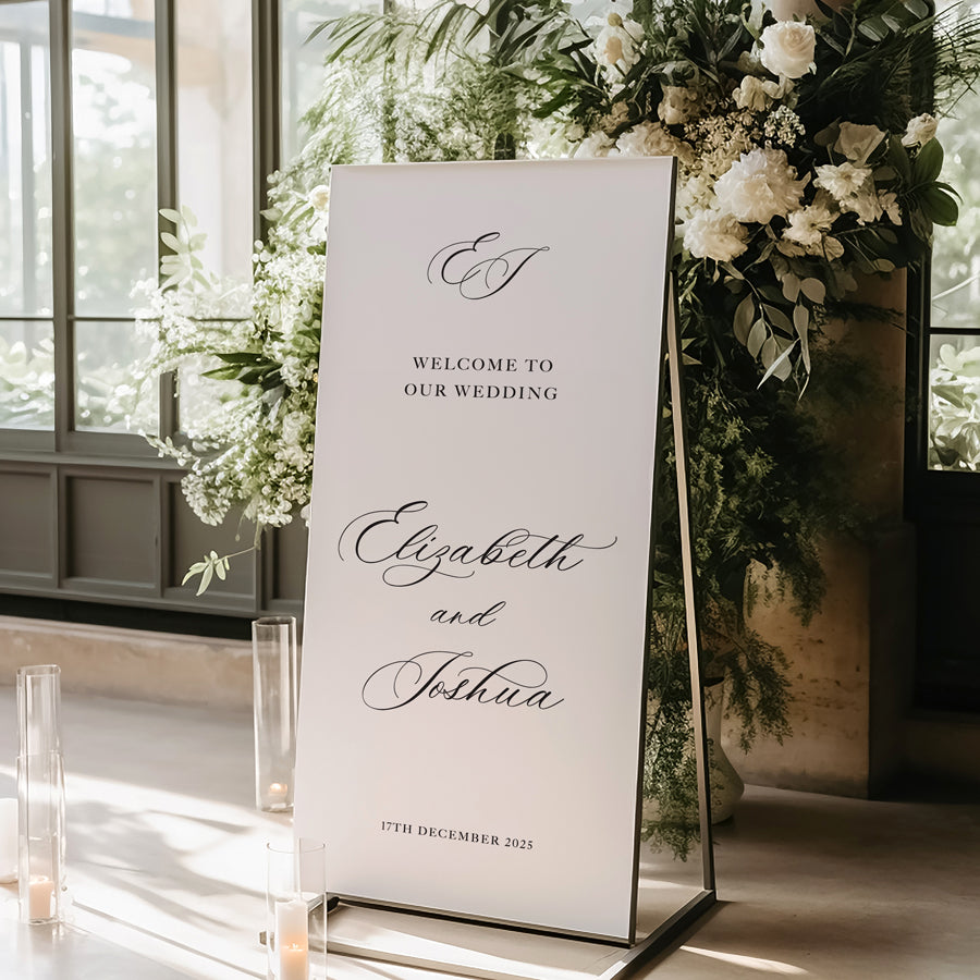 Traditional calligraphy wedding or event welcome sign with monogram initials. Large PVC foamboard sign printed in Australia.
