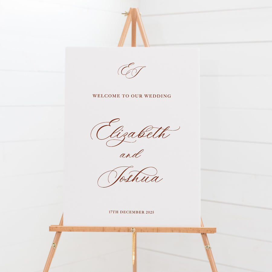 Traditional calligraphy wedding or event welcome sign with monogram initials. Large PVC foamboard or acrylic sign printed in Australia. 