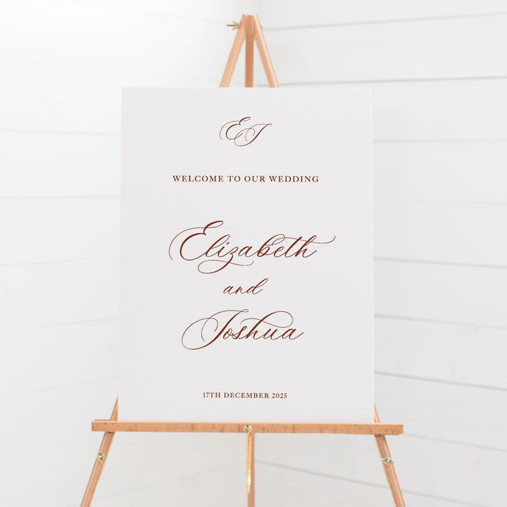 Traditional calligraphy wedding or event welcome sign with monogram initials. Large PVC foamboard or acrylic sign printed in Australia. 