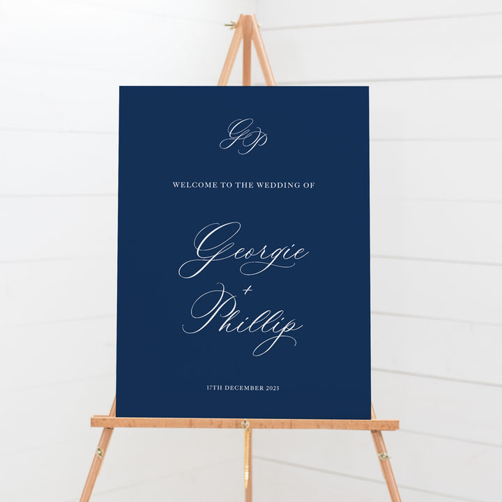 Traditional calligraphy wedding or event welcome sign with monogram initials. Large PVC foamboard or acrylic sign printed in Australia. Navy blue and white.