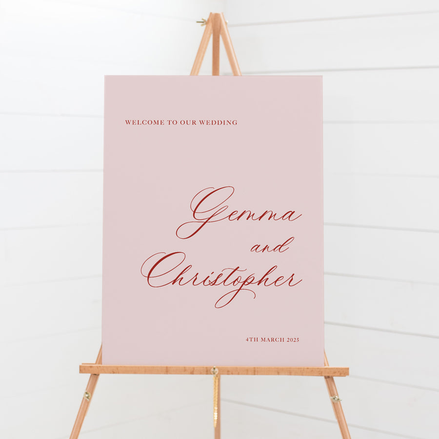 Traditional calligraphy wedding or event welcome sign with monogram initials. Large PVC foamboard or acrylic sign printed in Australia. Pink and Rouge colours.
