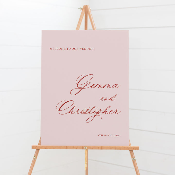 Traditional calligraphy wedding or event welcome sign with monogram initials. Large PVC foamboard or acrylic sign printed in Australia. Pink and Rouge colours.
