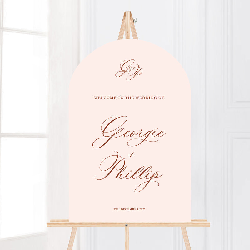 Traditional calligraphy wedding or event welcome sign with monogram initials. Large PVC foamboard or acrylic sign printed in Australia. Arch shape wedding sign.