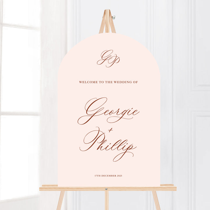 Traditional calligraphy wedding or event welcome sign with monogram initials. Large PVC foamboard or acrylic sign printed in Australia. Arch shape wedding sign.