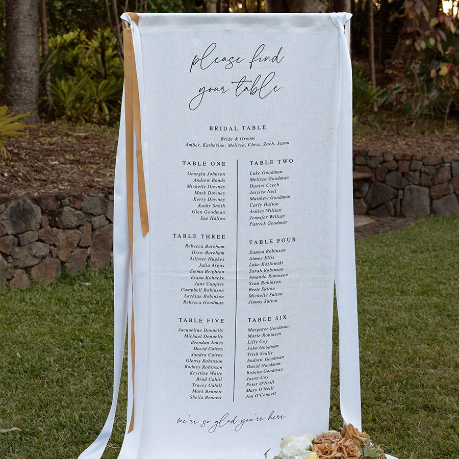 Fabric wedding sign as a seating chart printed on linen material. Peach Perfect Australia.