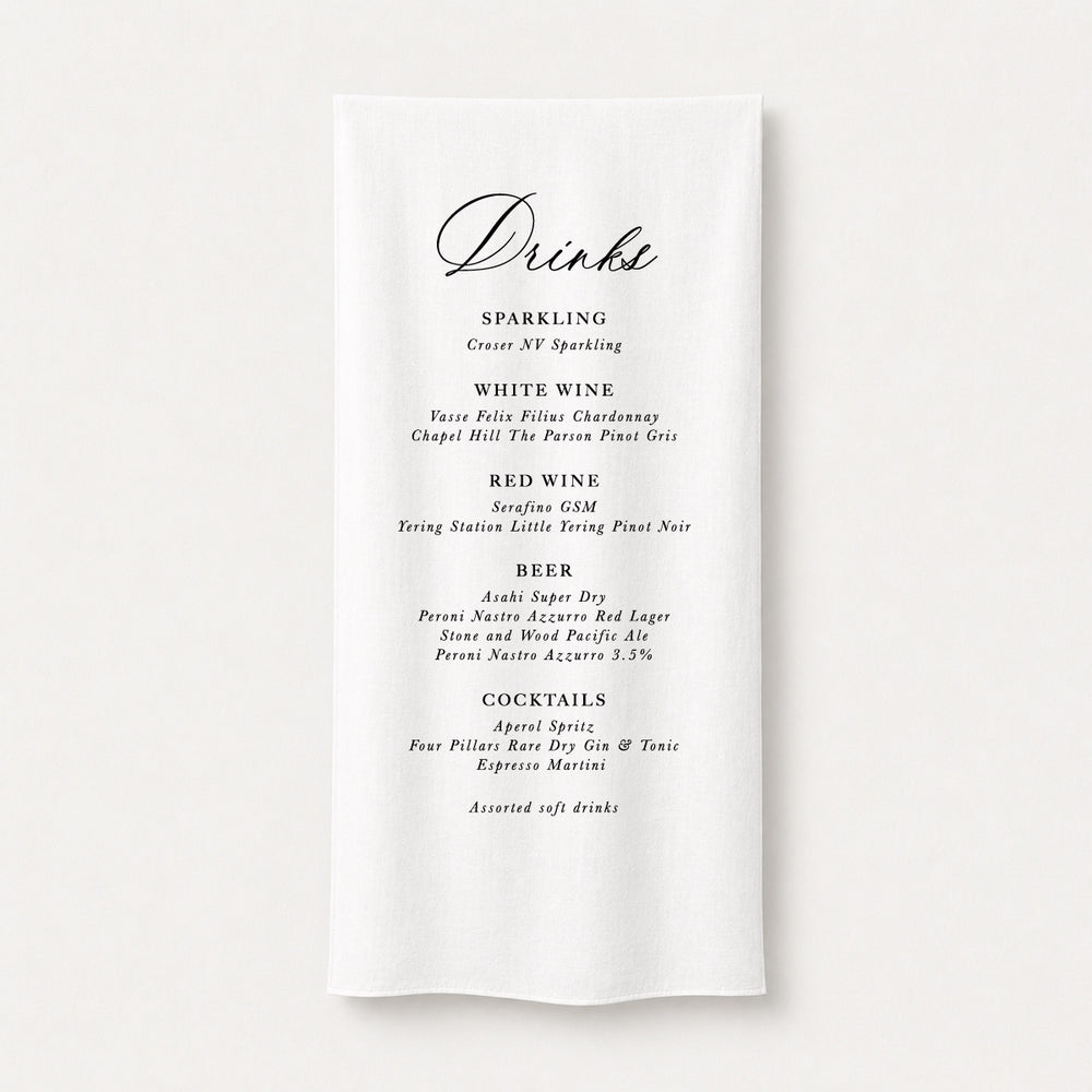 Elegant old world style calligraphy wedding bar sign printed on linen or satin fabric in black ink. Peach Perfect Australia