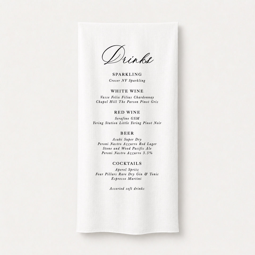 Elegant old world style calligraphy wedding bar sign printed on linen or satin fabric in black ink. Peach Perfect Australia