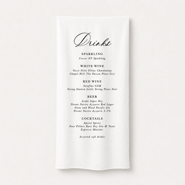 Elegant old world style calligraphy wedding bar sign printed on linen or satin fabric in black ink. Peach Perfect Australia