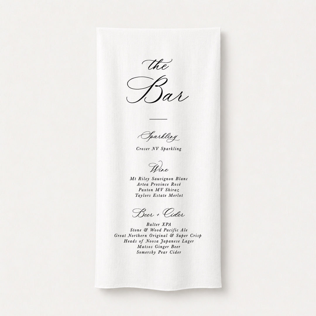 Old money wedding bar sign featuring calligraphy and script font in black and white. Printed in Australia