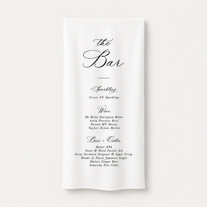 Old money wedding bar sign featuring calligraphy and script font in black and white. Printed in Australia