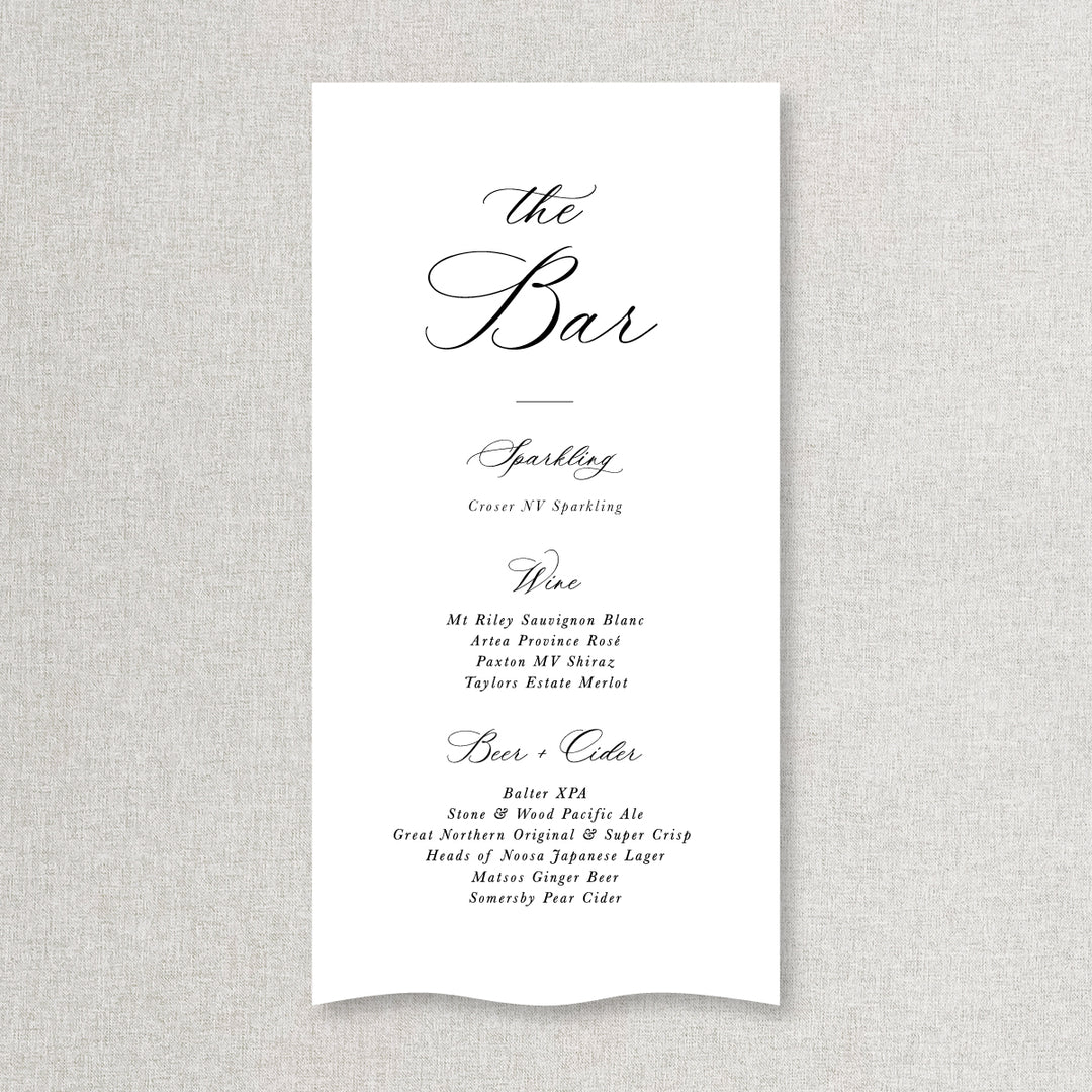 Romantic calligraphy wedding bar and beverages sign printed on linen or satin fabric