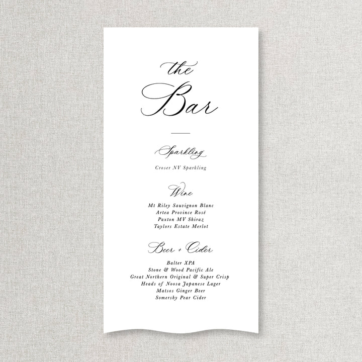 Romantic calligraphy wedding bar and beverages sign printed on linen or satin fabric