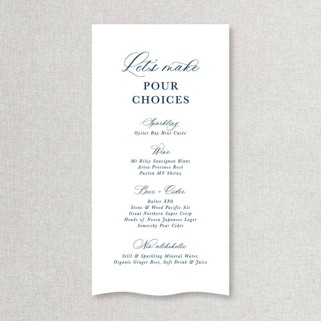 Romantic calligraphy wedding bar and beverages sign printed on linen or satin fabric