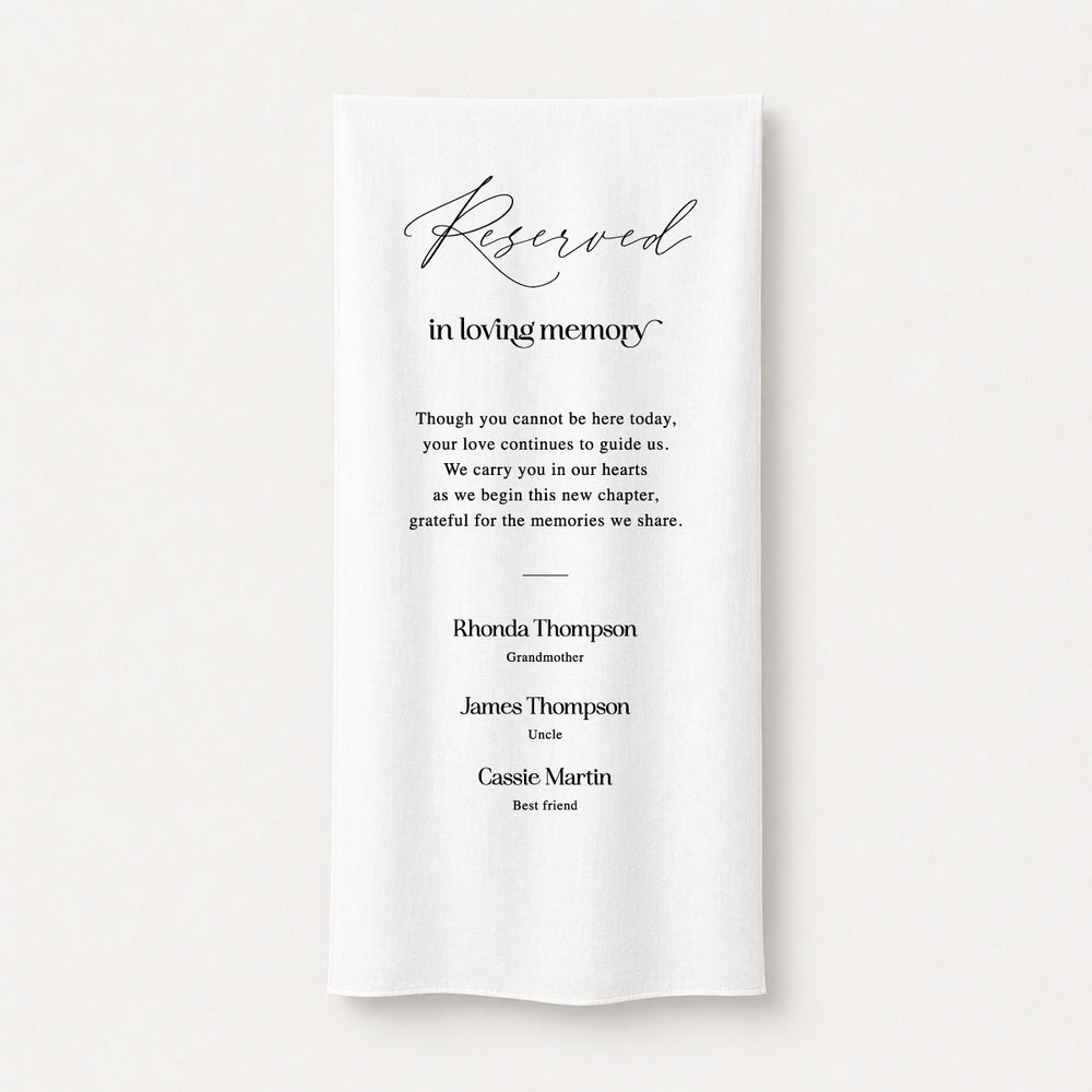 Wedding fabric sign 'Reserved In Loving Memory' in green on white linen. Design and print in Australia.