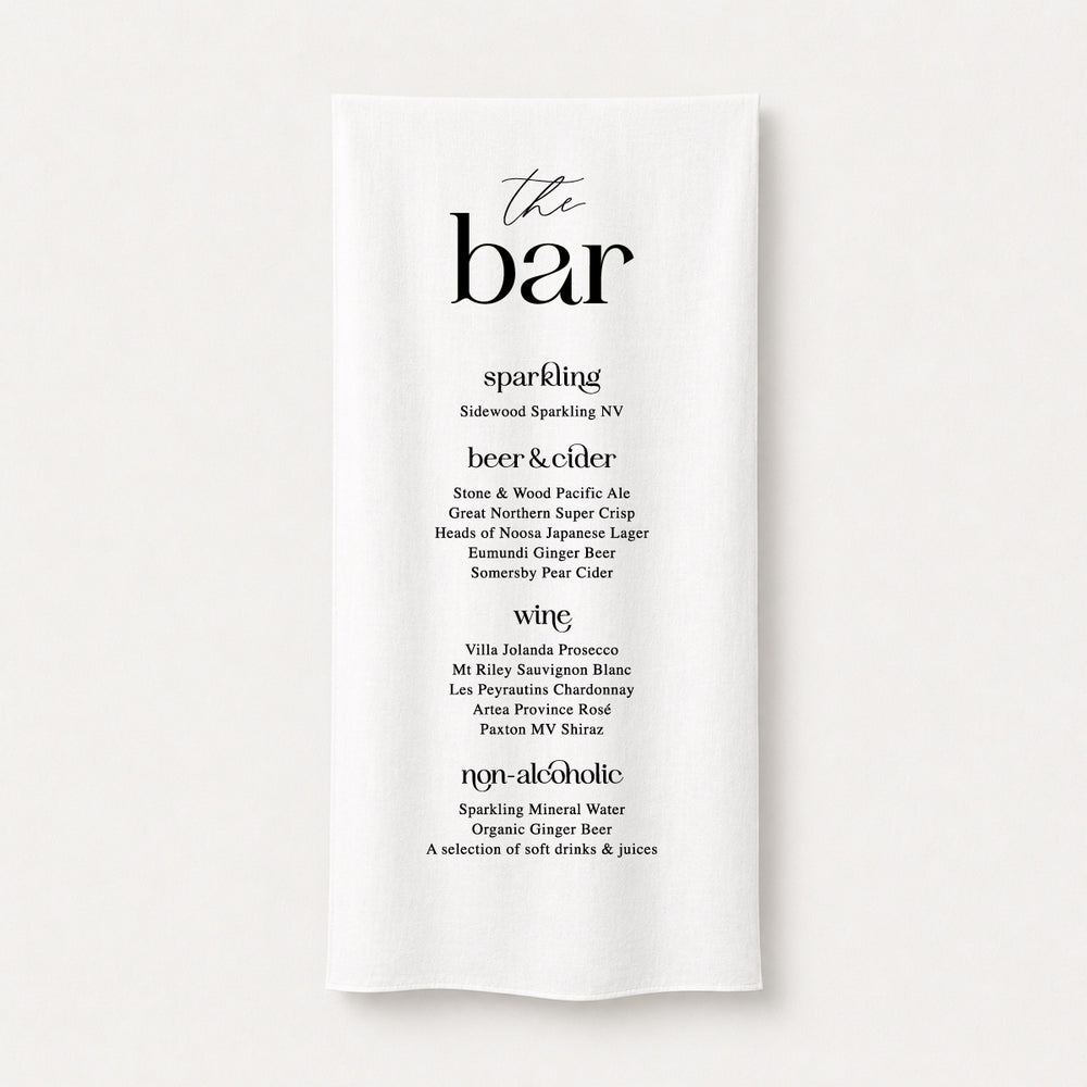 Linen wedding bar sign printed in Australia featuring modern block fonts for a true impact at the bar