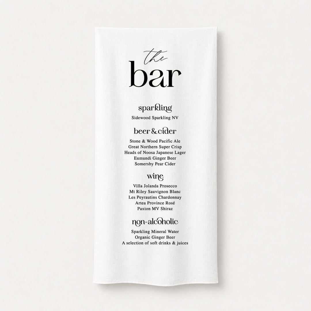 Linen wedding bar sign printed in Australia featuring modern block fonts for a true impact at the bar