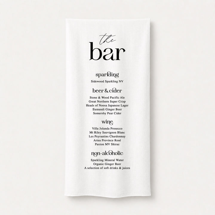 Linen wedding bar sign printed in Australia featuring modern block fonts for a true impact at the bar