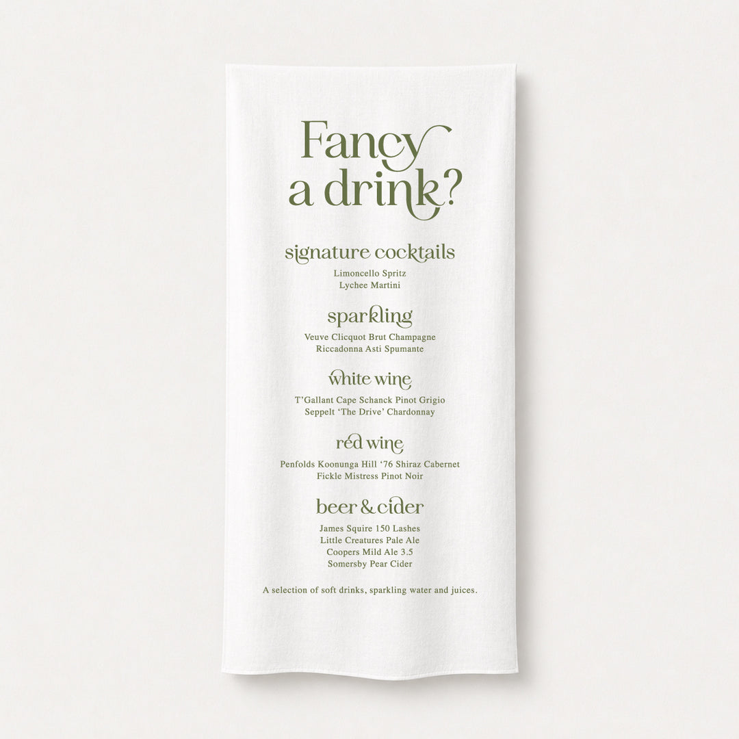Fabric wedding bar sign printed in Australia featuring modern block fonts for a true impact at the bar