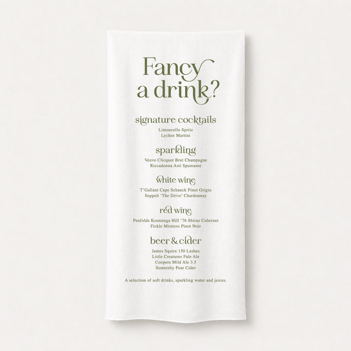 Fabric wedding bar sign printed in Australia featuring modern block fonts for a true impact at the bar