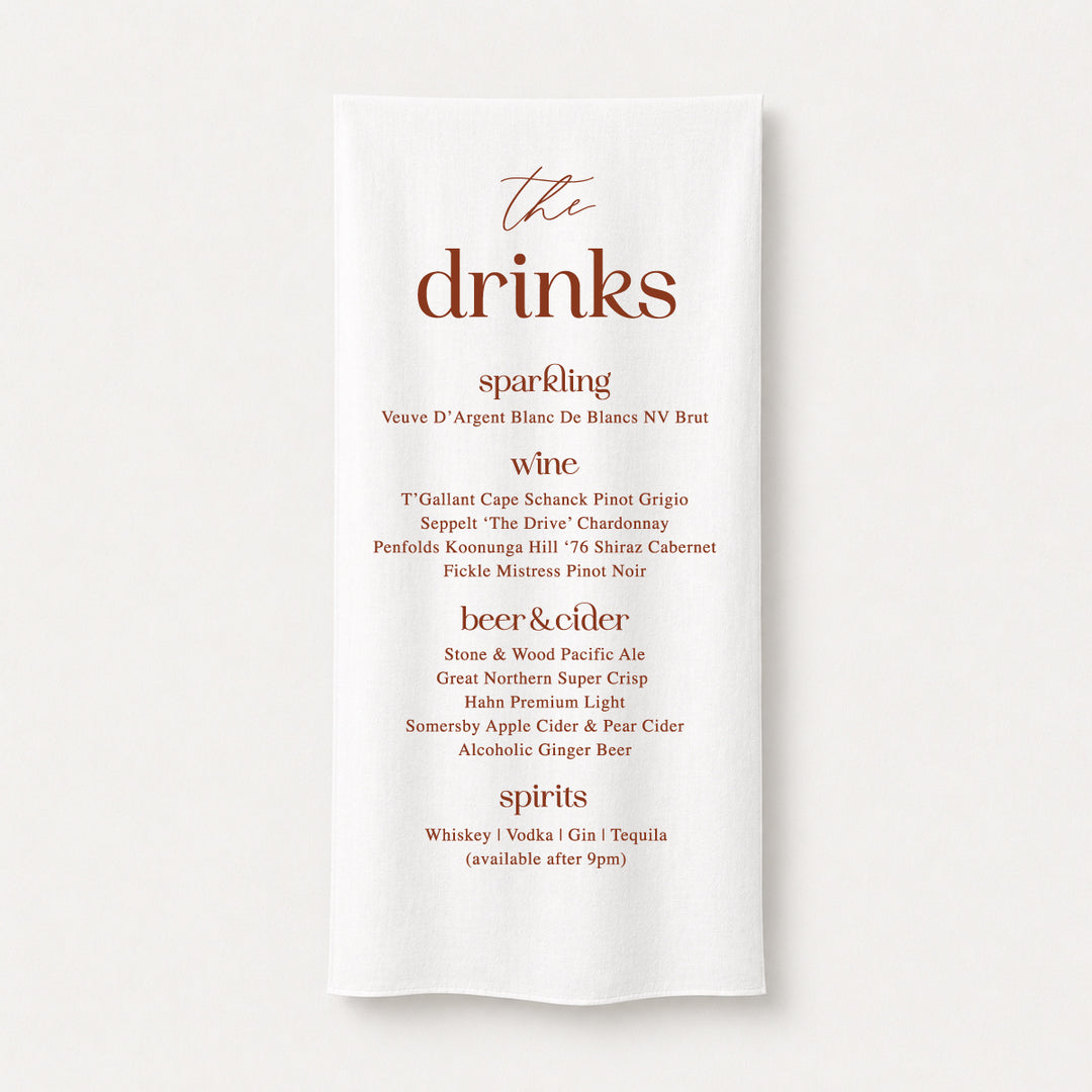 Linen wedding bar sign printed in Australia featuring modern block fonts for a true impact at the bar